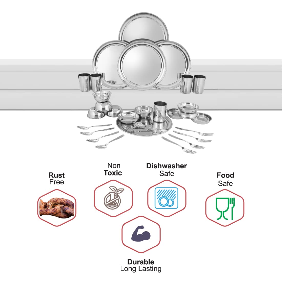 Stainless Steel Shagun Solid Dinner Set Of 30 Pcs, Silver | 5 Dinner Plates+ 5 Bidding Bowls+ 5 Pudding Bowls+ 5 Glasses+ 5 Dinner Spoon+ 5 Dinner Fork