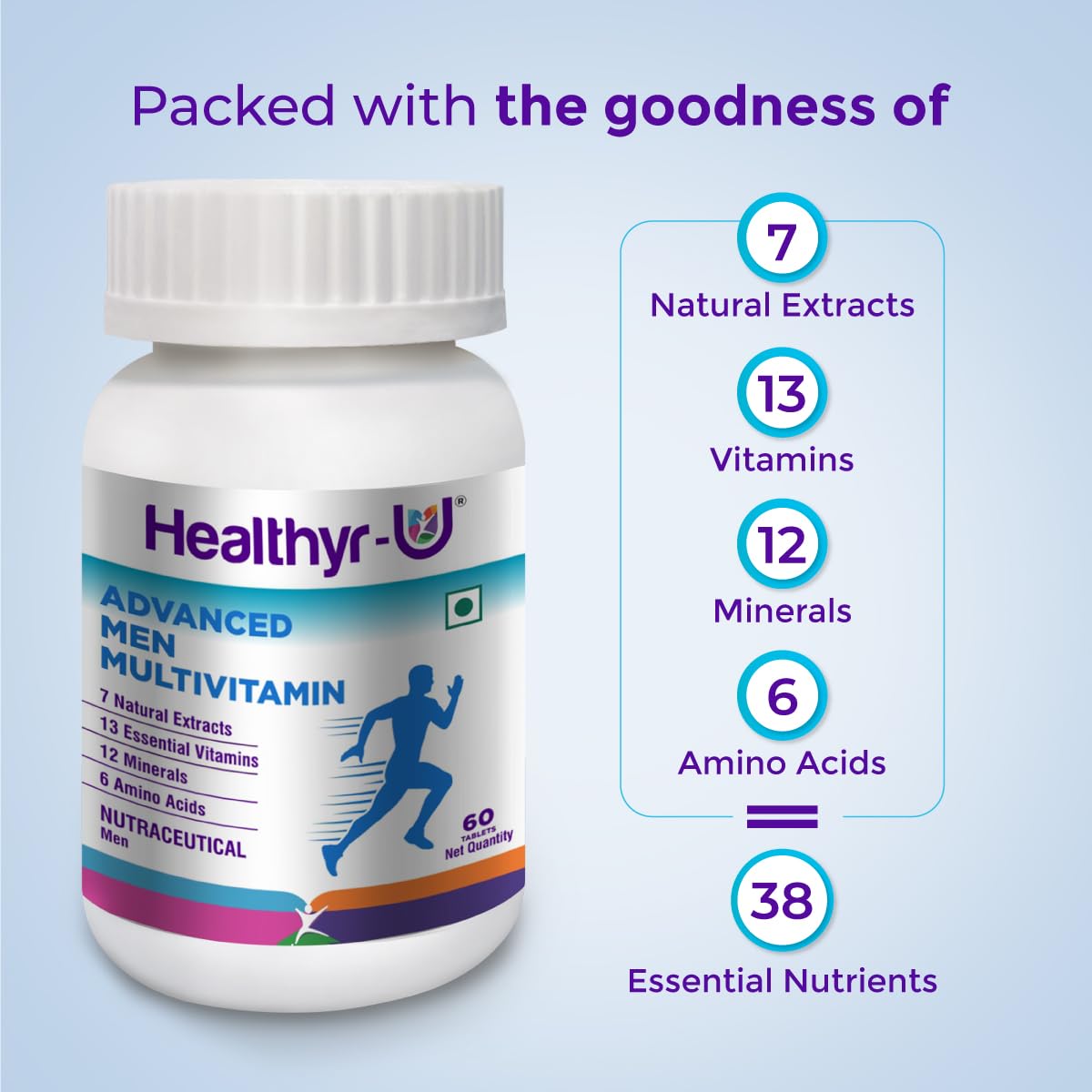 Healthyr - U Advanced Men Multivitamin With 38 Nutrients | 13 Vitamins, 12 Minerals, 6 Amino Acids & 7 Natural Extracts | For Energy, Metabolism, Immunity & Stamina | 30 Tablets , 100gm 0.2lbs
