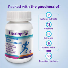 Healthyr - U Advanced Men Multivitamin With 38 Nutrients | 13 Vitamins, 12 Minerals, 6 Amino Acids & 7 Natural Extracts | For Energy, Metabolism, Immunity & Stamina | 30 Tablets , 100gm 0.2lbs