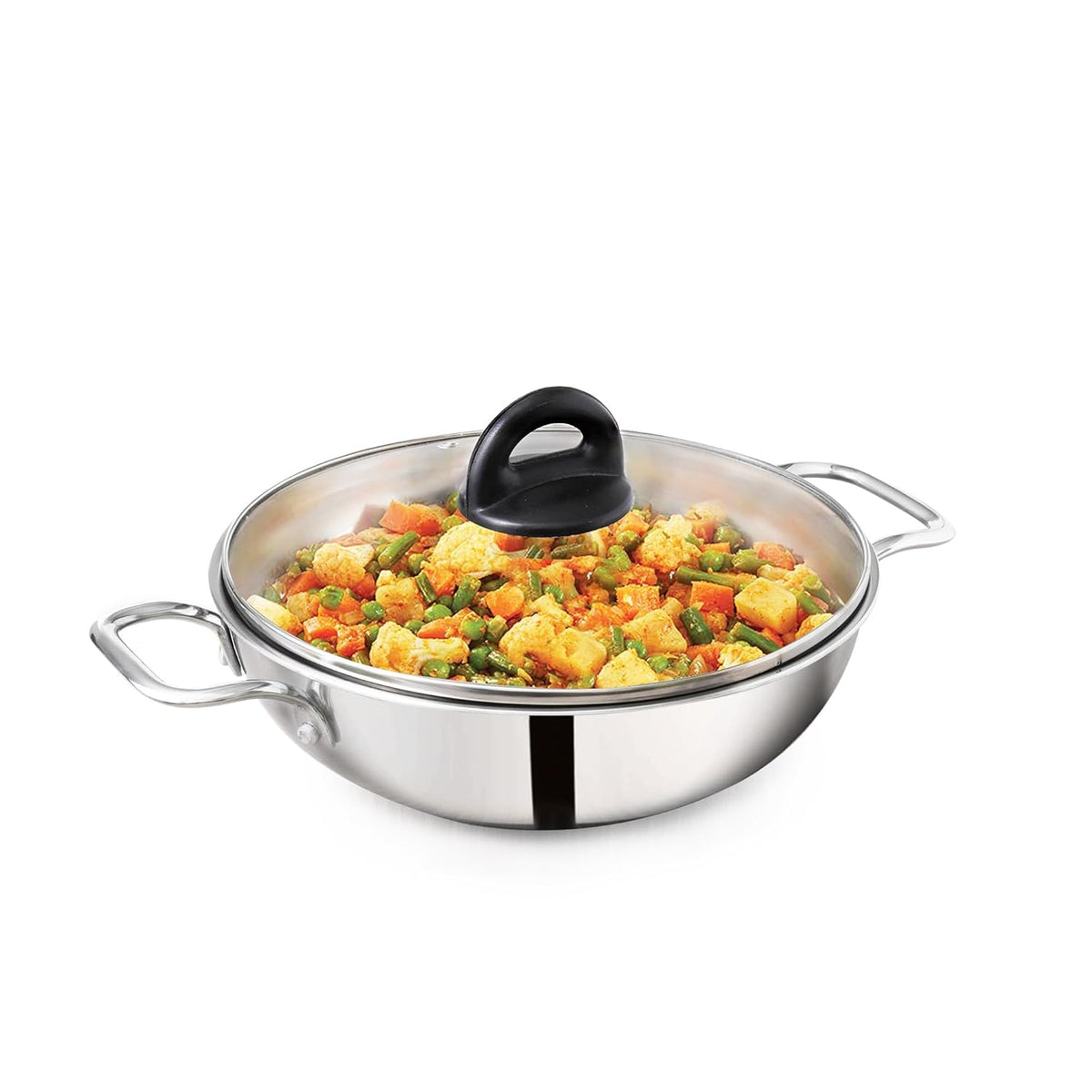 Triply Stainless Steel Kadai With Glass Lid For 1-2 People - Very Small 20.3cm, 8 Inch, 1.7 Liters, 1 Kg | Induction Friendly, Nonstick 3-Layer Body, 100% Pure & Toxin-Free, No Chemical Coating