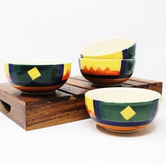 Boho Fiesta Hand Painted Ceramic Dining Bowl Katoris - 4 Pieces, 180ml Each, Multicolor | Ceramic Bowls - Serving Bowls For Dinner, Snacks & Dessert - Microwave Safe