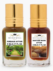 Menjewell Kasturi Musk + Firdaus Attar Perfume 5ml 0.17 Fl.oz. Each Pack Of 2 Unisex Fragrance | Long Lasting | Alcohol Free