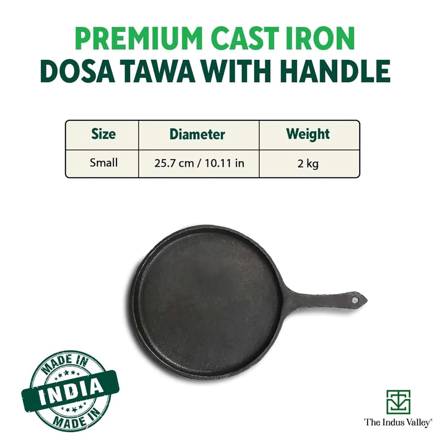 Pre-Seasoned Black Cast Iron Tawa With Free Wooden Spatula For Dosa, Chapathi - Small 25.7cm, 10.3 Inch, 2 Kg | Induction Friendly, Naturally Nonstick, 100% Pure & Toxin-Free, No Chemical Coating