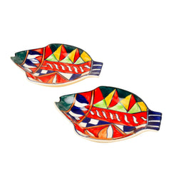 Premium Hand Painted Ceramic Fish Cut Snacks Serving Plates Set Of 2 - Multicolor, L X B – 18 Cm X 15 Cm | Starter Serving Platter Set - Dry Fruits Serving Plates