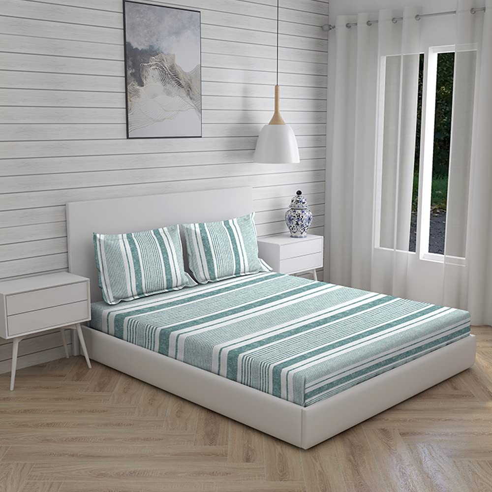 100% Cotton Bedsheet Set With 2 Pillow Covers - 101 X 108 Inches, Turquoise | Ideal For Resorts, Guest Houses, & Daily Home Use-King Size Double Bed