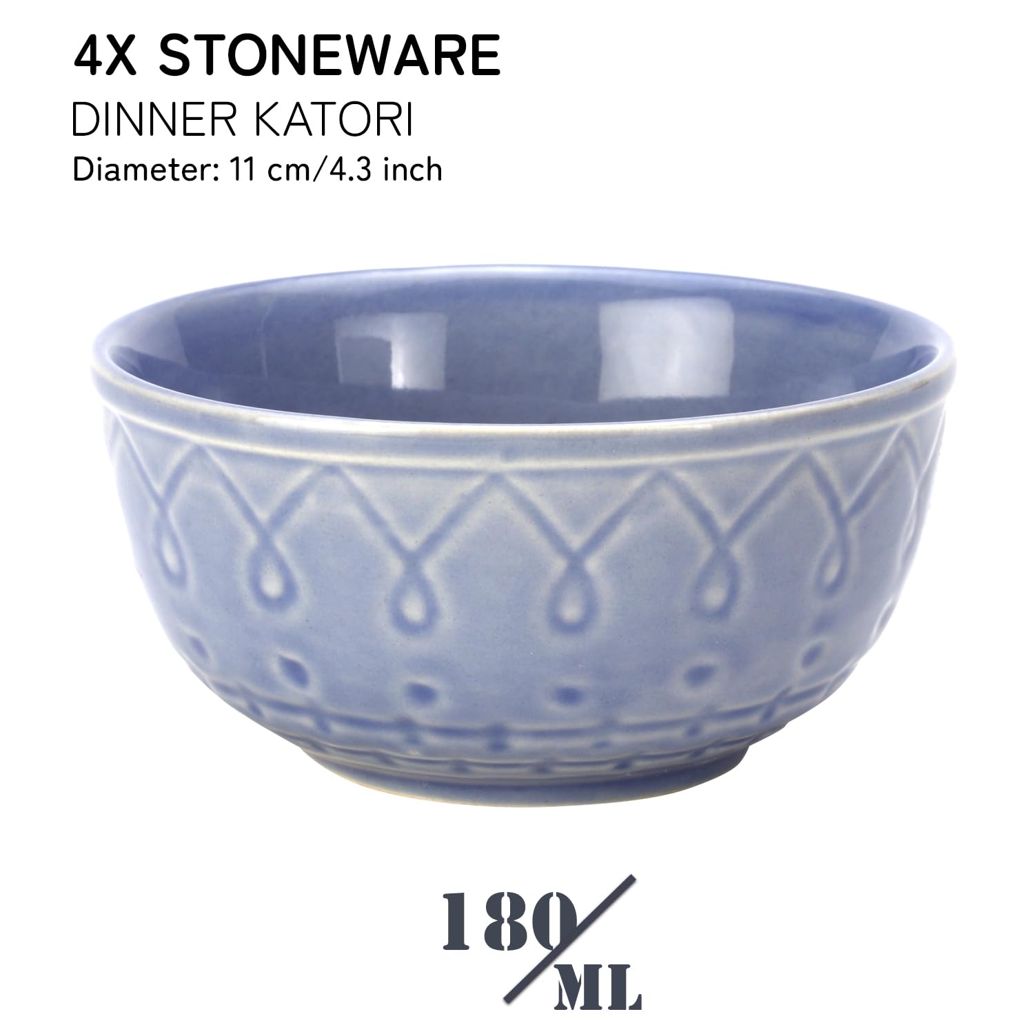 Ceramic Hand Glazed Stoneware Embossed Dinner Katori Set Of 4 - 180ml Each, Mist Blue | Microwave Safe & Dishwasher Safe - Small Serving Bowl Set