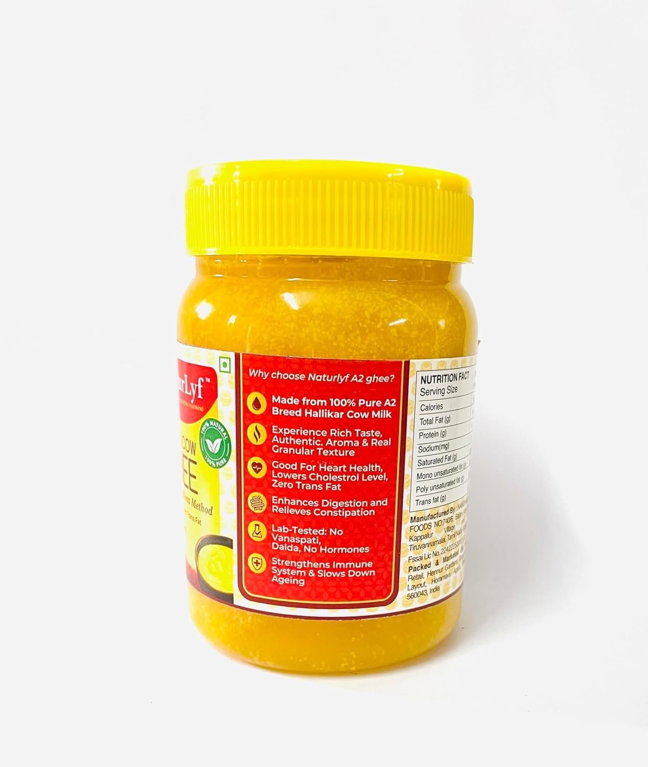 Organic A2 Desi Cow Ghee By Naturlyf | Churning With Bilona Method Indian Breed Cow Milk Desi Ghee | 500ml (250ml * 2) 16.9 Ounce | Jar Pack