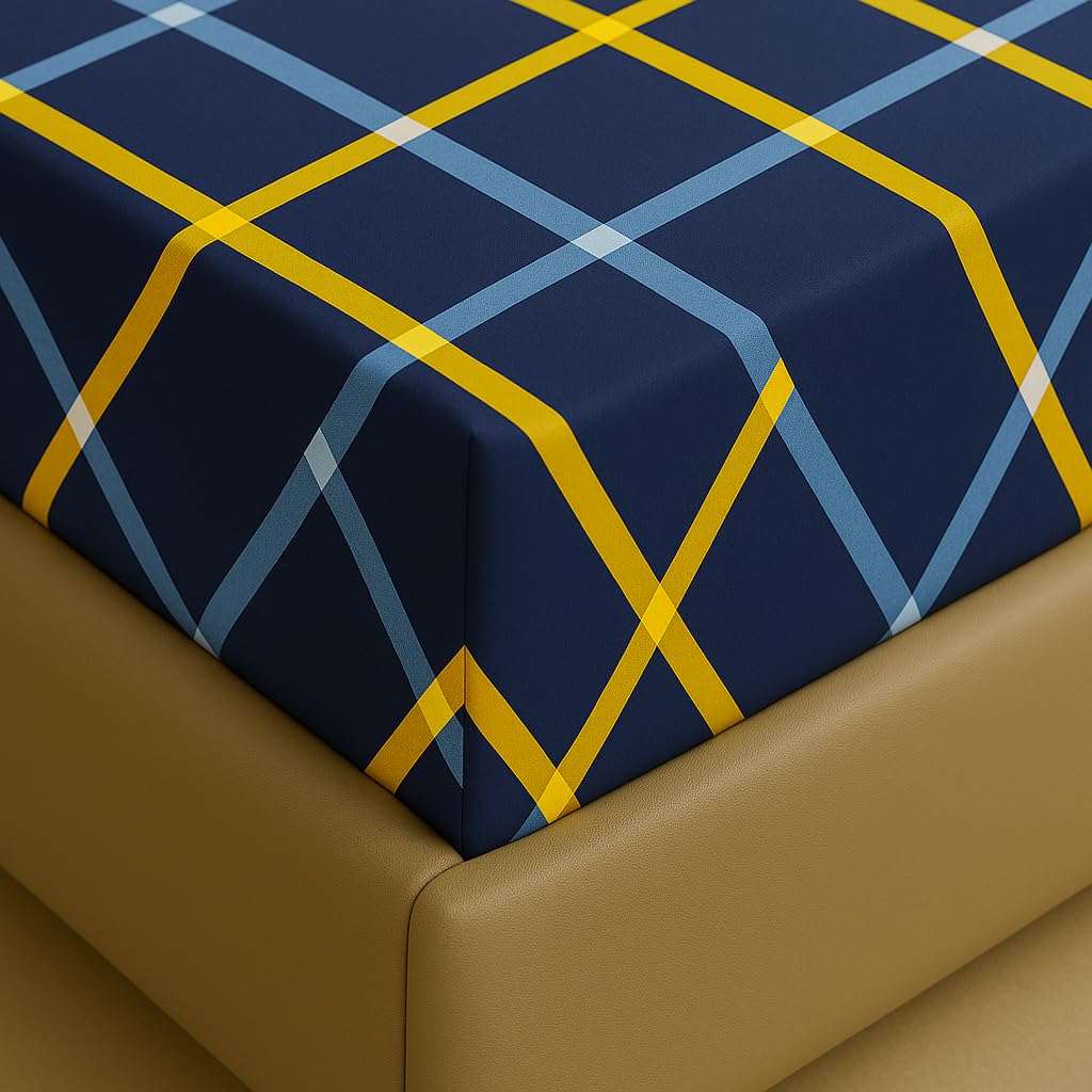 Elastic Fitted Bedsheets For King Size With Two Pillow Cover - 72 X 78 X 10 Inches, Blue & Yellow | Super Soft Premium Brushed Glace Cotton Bedsheet, Breathable & Wrinkle Free