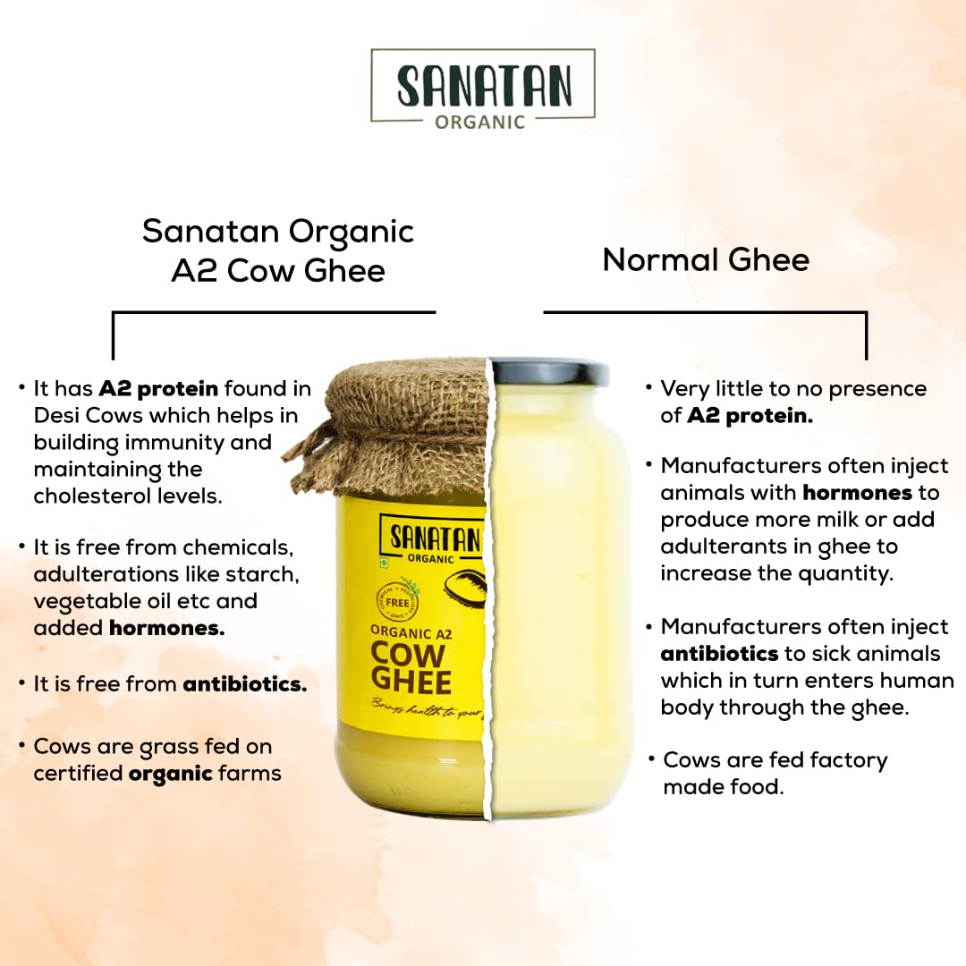 100% Pure Organic A2 Cow Ghee By Sanatan Organic | Rich Source Of Vitamin A & Protein Fiber Healthy Pure Desi Cow Ghee Helps Strengthen Muscles | (1 Litr) 33.8 Ounce | Jar Pack