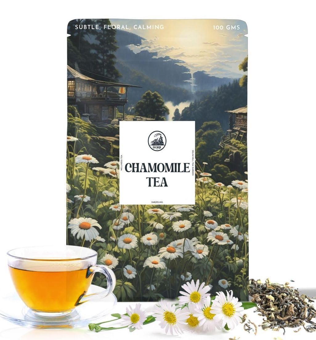 Dorje Teas Darjeeling Chamomile Green Tea - 100gm, 3.5 ounce, 40 Cups | Promotes Good Sleep & Stress Relief - Low Caffeine, Soothing Tea For Relaxation & Glowing Skin