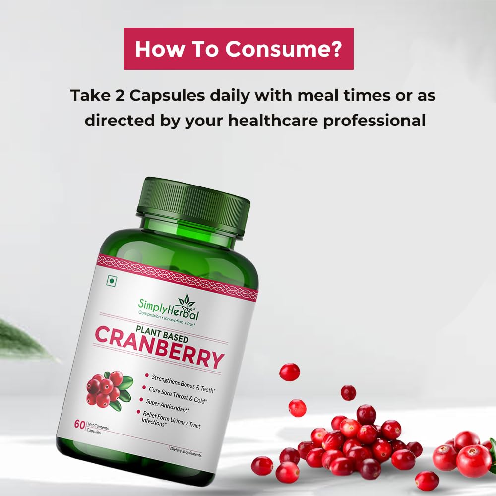 Simply Herbal D Mannose Cranberry Capsules 800mg Supplement With Powerful Probiotics & Antioxidants Promotes Urinary Tract Health, Strong Bones & Teeth For Women & Men | 60 Capsules 100gm 0.2lbs