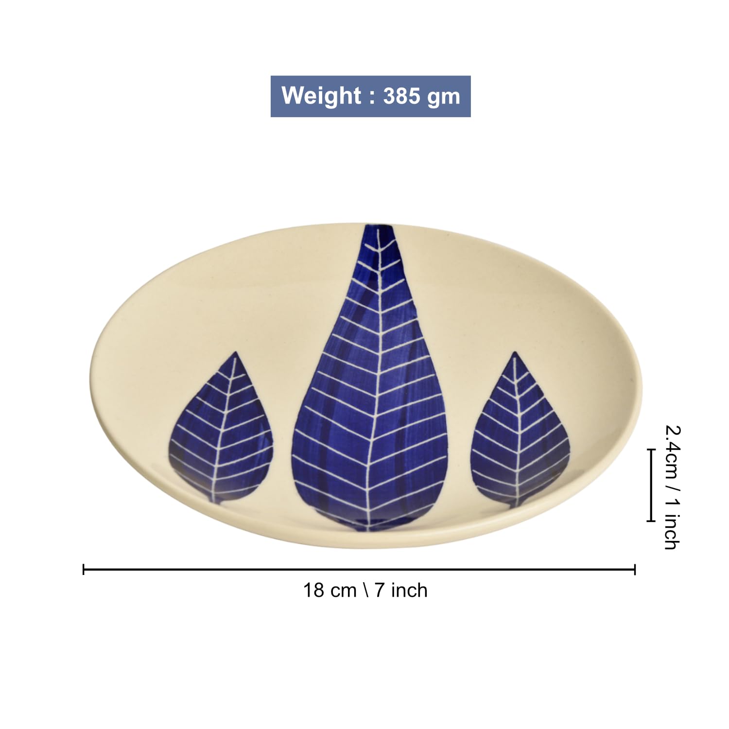 Hand Painted Ceramic Blue Leaf Quarter Plates Set Of 2 - 7 Inches, Blue & White | Dishwasher Safe Small Side Plates - Microwave Safe Snack Plates