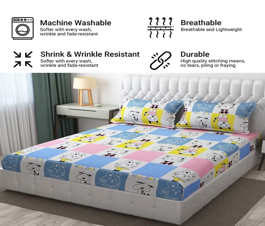 Wrinkle Free Soft Kids Double Bedsheets For King Size With 2 Pillow Cover | 90 X 95 Inches, Aqua & Pink | Cartoon Printed Design | Child Bedroom Decor
