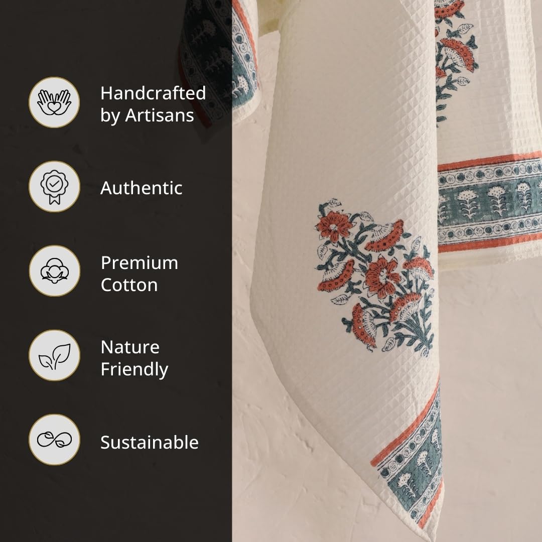 Peepul Tree Pure Cotton Bath Towel 310 Gsm | Hand Block Printed In Yellow Floral Pattern Handmade In India Towel (Pack Of 2)