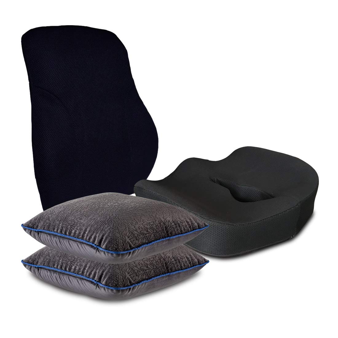Memory Foam Decorative Square Car Cushion & Coccyx Orthopedic Seat Pillow, Black | Lumbar Spine Support Backrest Pillow | Lightweight, Ergonomic Design, Car Cushion Pillow, Combo Pack