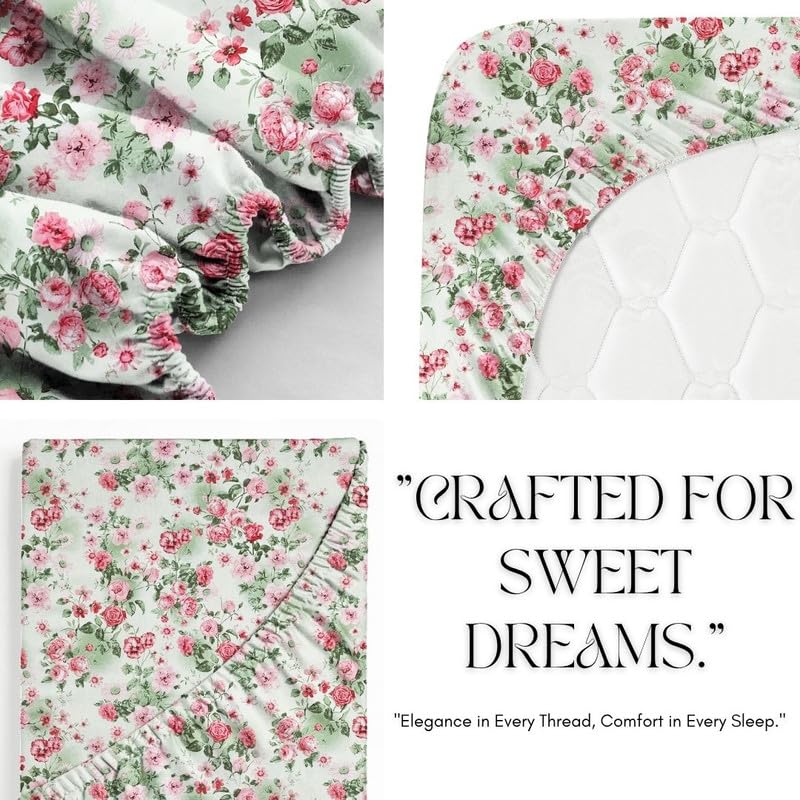 Cotton Fitted Bedsheets With 2 Matching Pillow Covers For King Bed | Size 78x72+10 Inches, Green & Pink - Soft, Durable & Wrinkle Free | Ideal For Daily Use