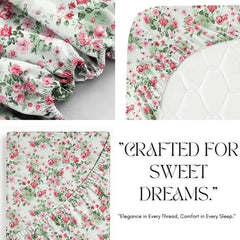 Cotton Fitted Bedsheets With 2 Matching Pillow Covers For King Bed | Size 78x72+10 Inches, Green & Pink - Soft, Durable & Wrinkle Free | Ideal For Daily Use