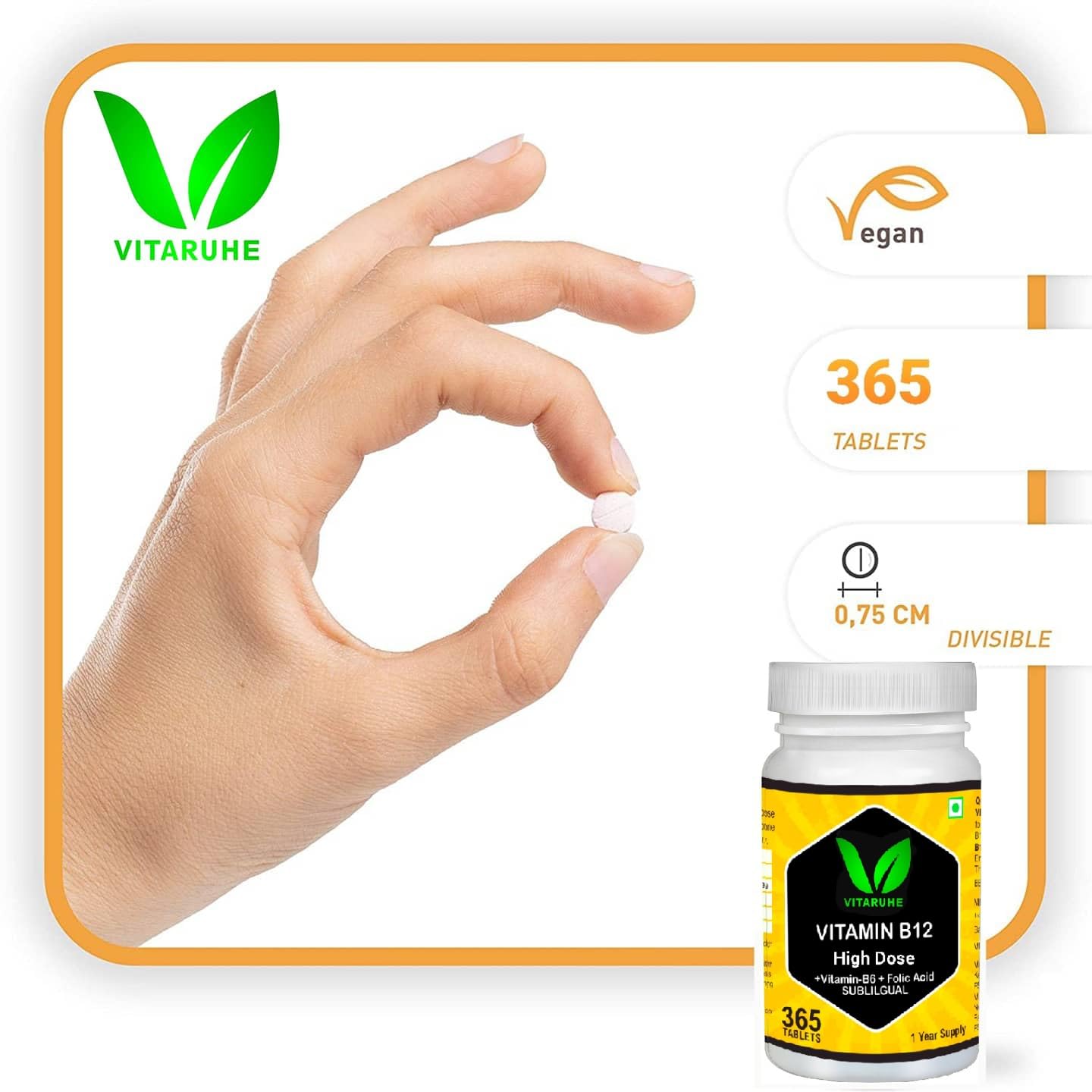 Vitaruhe Vitamin B12 High Dose+ B6 / Folic Acid, Methylcobalamin & Sublingual For Maximum Effects, Vegan | 365 Tablets , 300gm 0.66lbs