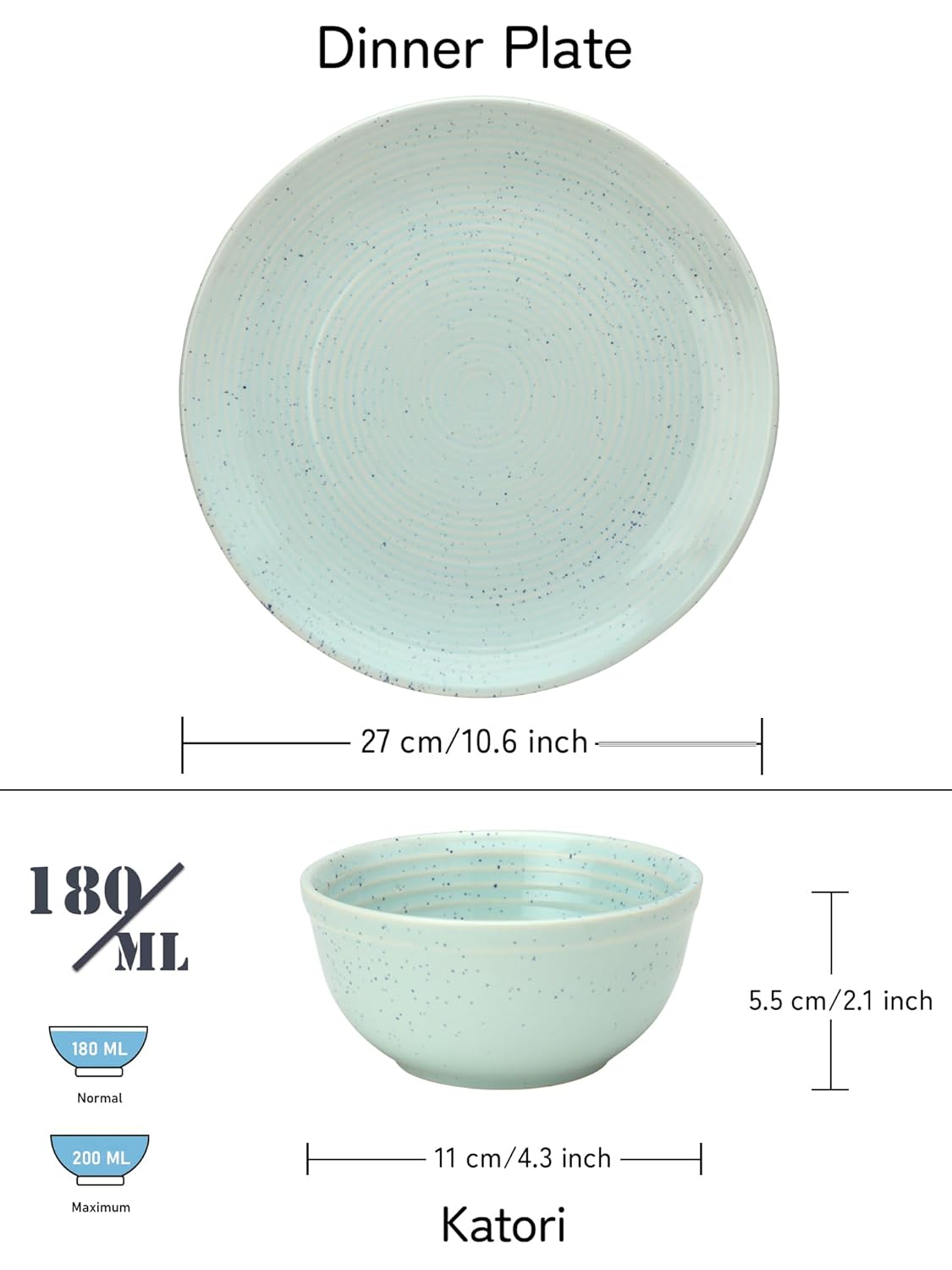 Hand Painted Stoneware Dinner Set Of 4 - Ceramic Pack Of 8 Pcs, Mint-Green | 4 Full Plates + 4 Bowl Or Katori, 180ml Each - Microwave & Dishwasher Safe | Serving For 4