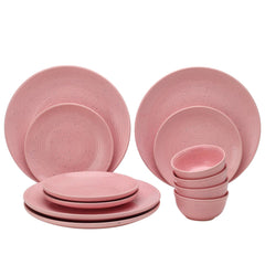 Hand Glazed Ceramic Stoneware Dinner Set - Pack Of 12 Pcs, Pastel Pink | 4 Dinner Plates, 10.6 Inch Each + 4 Small Plates, 7.4 Inch Each+ 4 Small Dinner Bowl, 180ml Each - Microwave & Dishwasher Safe