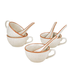 Ceramic Matt Finish Soup Cups With Spoon Set Of 4 - 250ml Each, White | Maggi Bowls - Cereal Bowls