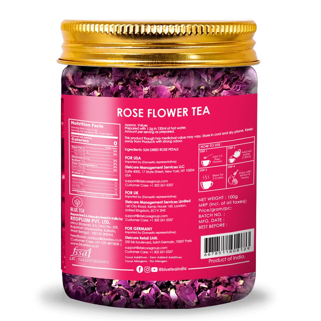 Blue Tea Caffeine Free Rose Flower Herbal Tea - 100gm Pet Jar, 3.5 Ounce, 100 Cups | Non-GMO, Flower Based Super Antioxidant Tea - Vitamin-C Rich For Beautiful Hair & Skin
