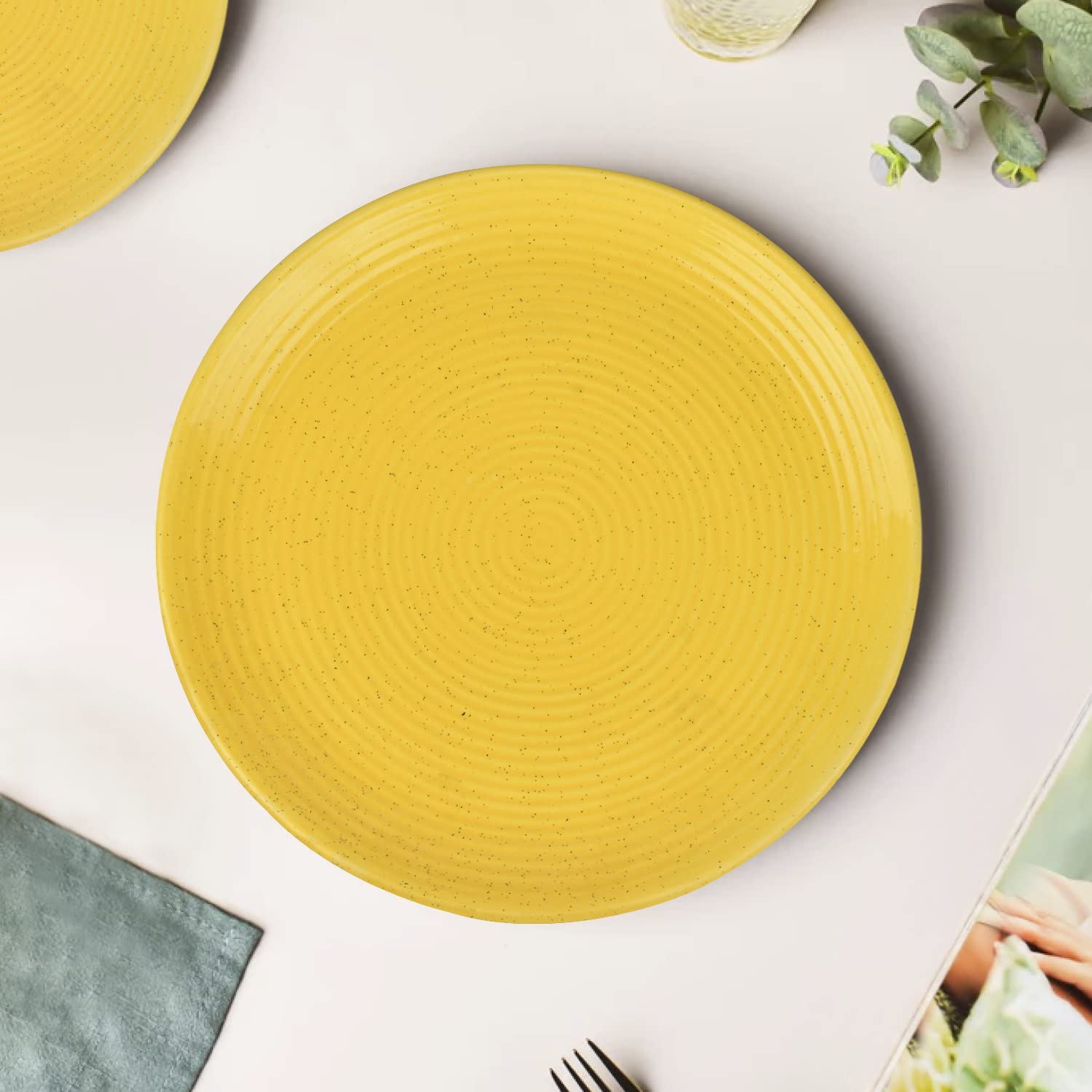 Premium Ribbed Ceramic Dinner Serving Plates Set Of 2 - Yellow, Diameter: 10 Inches | Full Plates - Golden Glow Collection