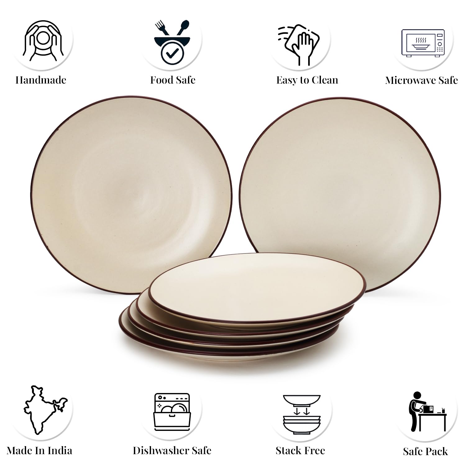 Ceramic Hand Glazed Stoneware Large Dinner Plates Set Of 6 - 10.6 Inch, Off White | Microwave Safe & Dishwasher Safe - Handcrafted Dinner Plates, Full Plate Set Crockery For Dining & Gifting