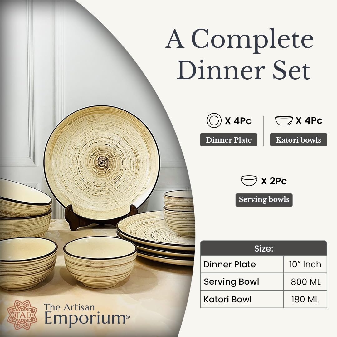 Iris Beige Handcrafted Ceramic Dinner Set - 10 Pieces | 4 Dinner Plates + 4 Katori Bowls, 180ml Each+ 2 Serving Bowls, 800ml Each Dinnerware Set | Serving For 4, Microwave Safe & Dishwasher Safe