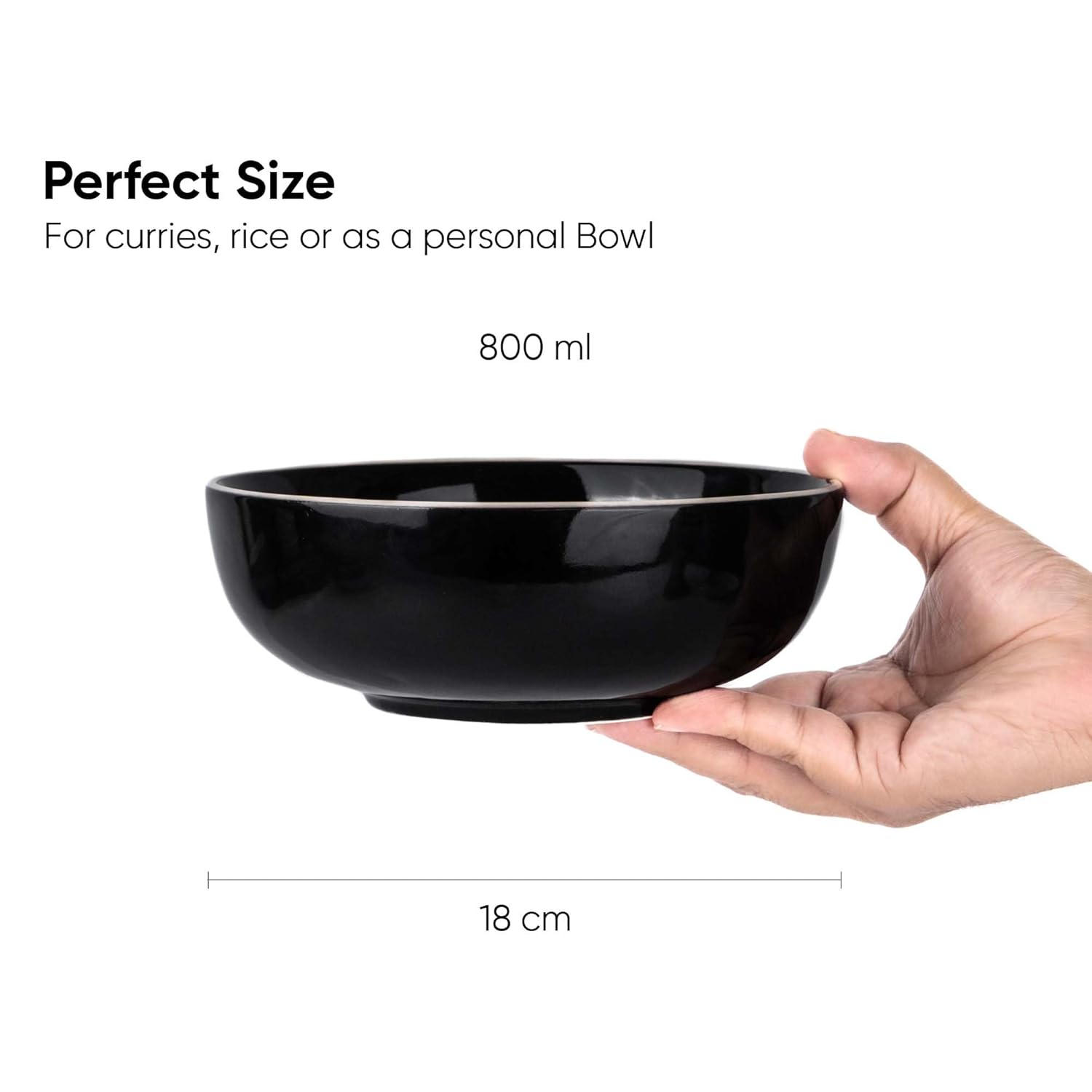 Ceramic Pasta Bowl Set Of 2 Pieces - 18cm, Black, 800ml Each | Stoneware Ceramic Serving Bowls | Pasta Plate - Deep Plate | Ceramic Bowl With Glossy Finish - Pasta Serving Plate