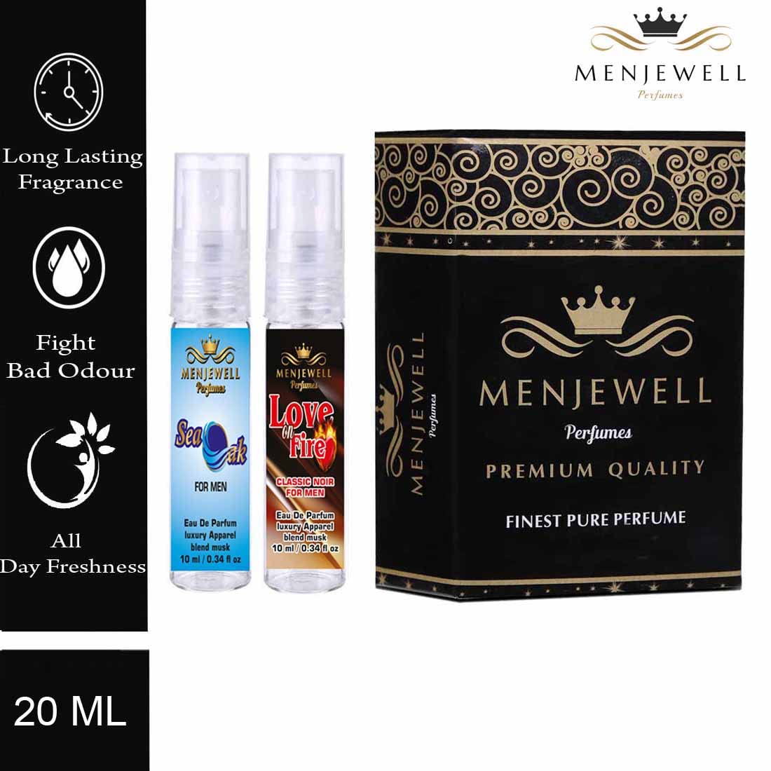 Menjewell Love On Fire Classic Noir + Sea Oak For Men Eau De Parfum Set Of 2x 0.3 Fl.oz. Luxury Apparel Blend Musk | Masculine Fragrance