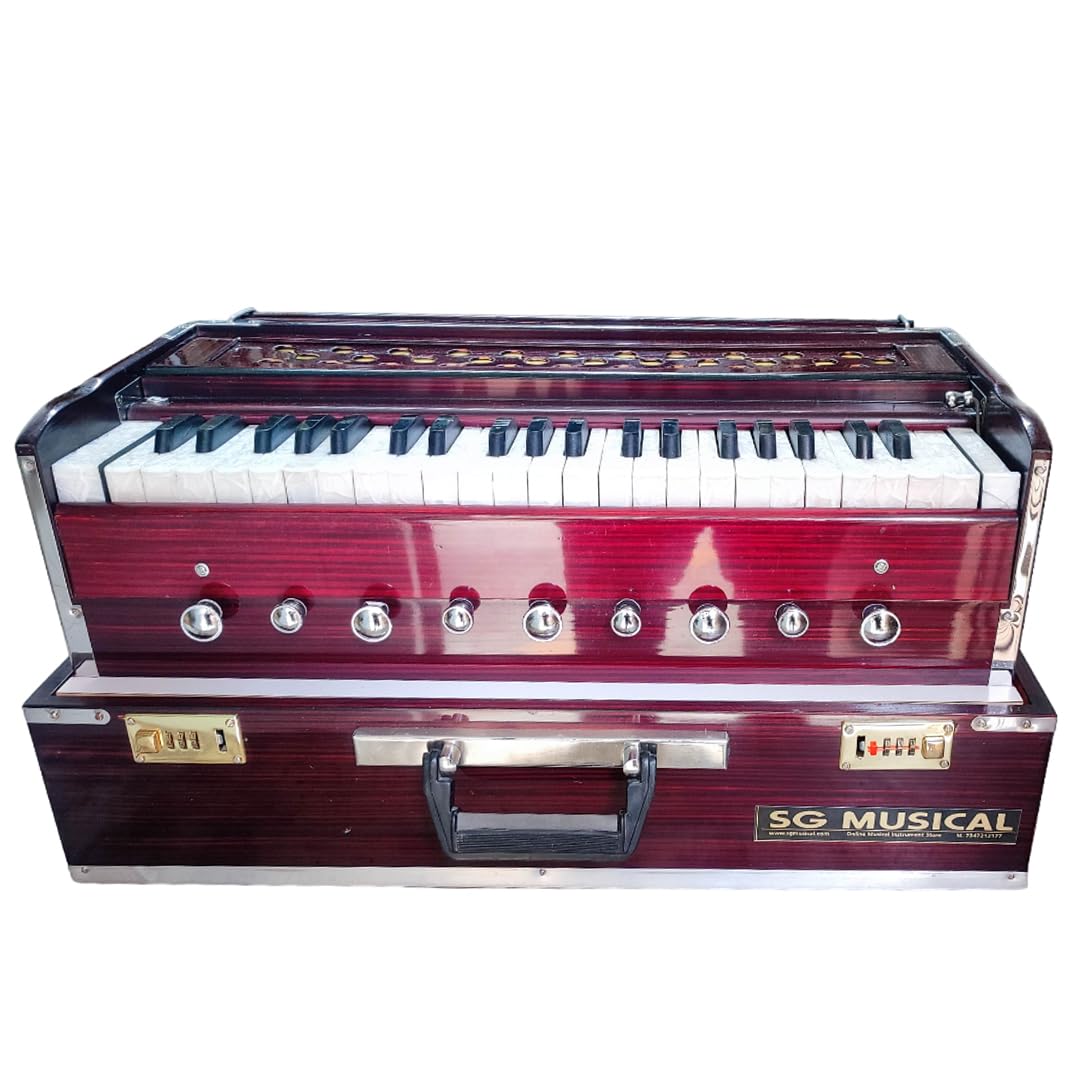 Folding Portable Harmonium Coupler With Padded Bag - 42 Keys, 3.5 Octaves, 9 Stopper (5 Stops + 4 Drones), Two Reeds (Base- Male) - Tuning A440 Hz Pitch