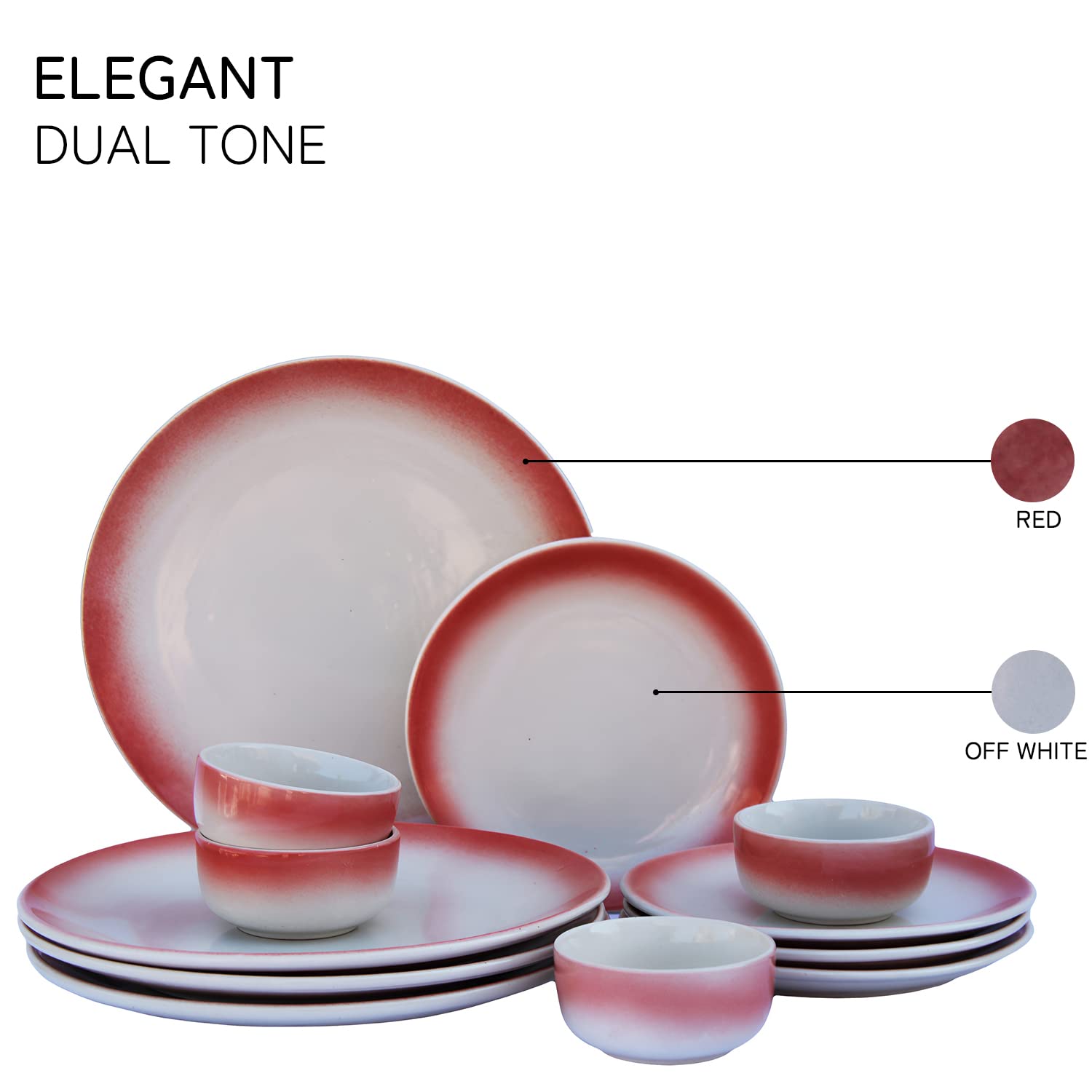 Handcrafted Ceramic Stoneware Dinner Set - Pack Of 12 Pcs, Off White & Red | 4 Dinner Plates, 10 Inch Each + 4 Small Plates, 7 Inch Each+ 4 Small Dinner Bowl, 180ml Each - Microwave & Dishwasher Safe