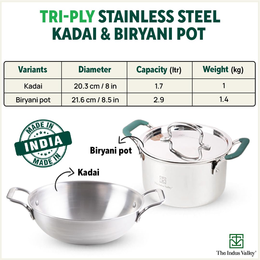 Triply Stainless Steel Cookware Set + Free Wooden Chopping Board | Kadai 20.3 Cm, 1.7 Liters + Stock Pot 22 Cm, 2.9 Liters - Pack Of 3 | Induction Friendly, Nonstick 3-Layer Body, 100% Pure & Toxin-Free