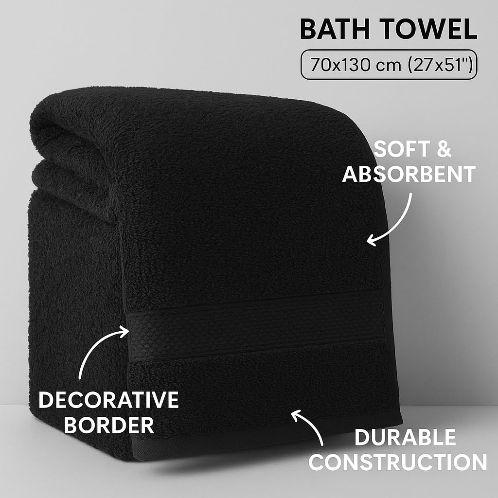 Bless Berries Soft Comfort 100% Cotton Bath Towel 1000 Gsm | Large Size Bathroom Towel For Men & Women (Black) - Pack Of 2