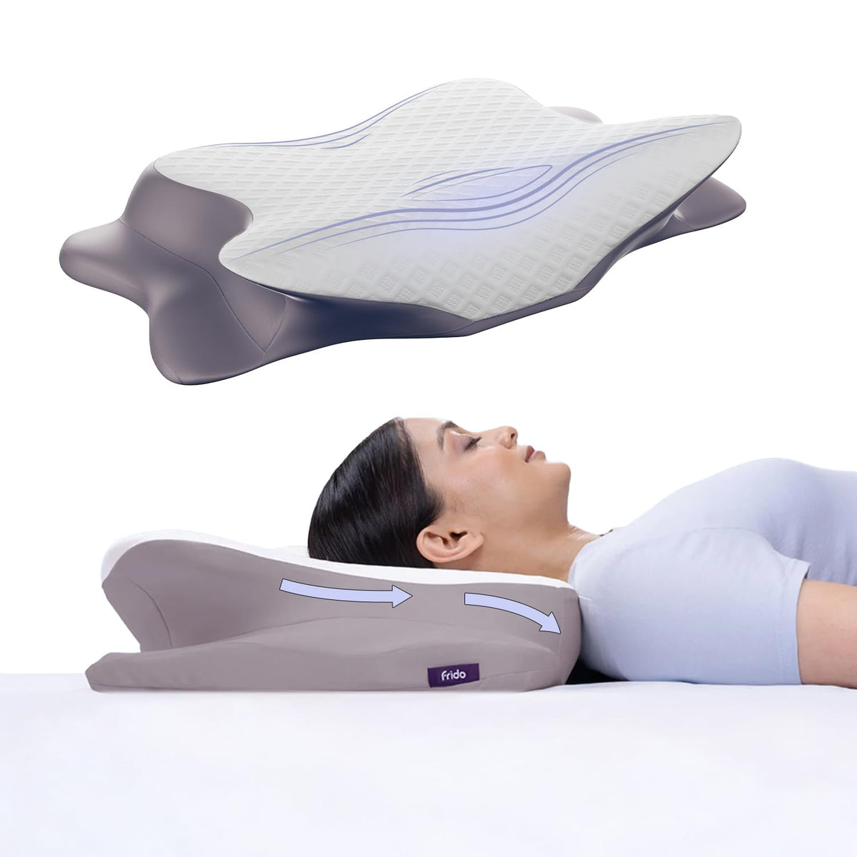 Cervical Butterfly Pillow, Orthopedic Memory Foam Pillow, Grey & White | For Neck & Shoulder Pain Relief | Ergonomic Contours, Pillow For Side Sleepers With Arm Support - Pack Of 1