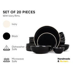 Ceramic Dinner Set Of 20 Pcs, Black Rim | Crockery Set For Dining Table - Glossy Finish Premium Stoneware | 6 Dinner Plates + 6 Quarter Plates+ 6 Veg Bowls, 180ml Each+ 2 Medium Bowls, 800ml Each
