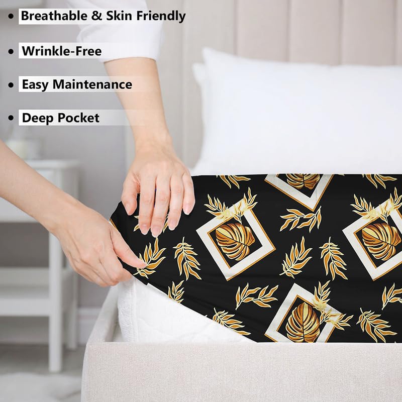 Cotton Elastic Fitted Bedsheets With 2 Pillow Covers Double Bed All Around Elastic Sheet Leaf Print | 72 X 78 +10 Inches, Black-Breathable & Skin-Friendly Bedsheet