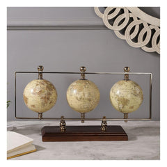 Triple Horizontal Globe, Decorative Globes With Stand, Accessories For Table, Desk Showpiece | Globes For Office, Shelves, Gifting, Home Decor (Gold / Hm Wood) Pack Of 1