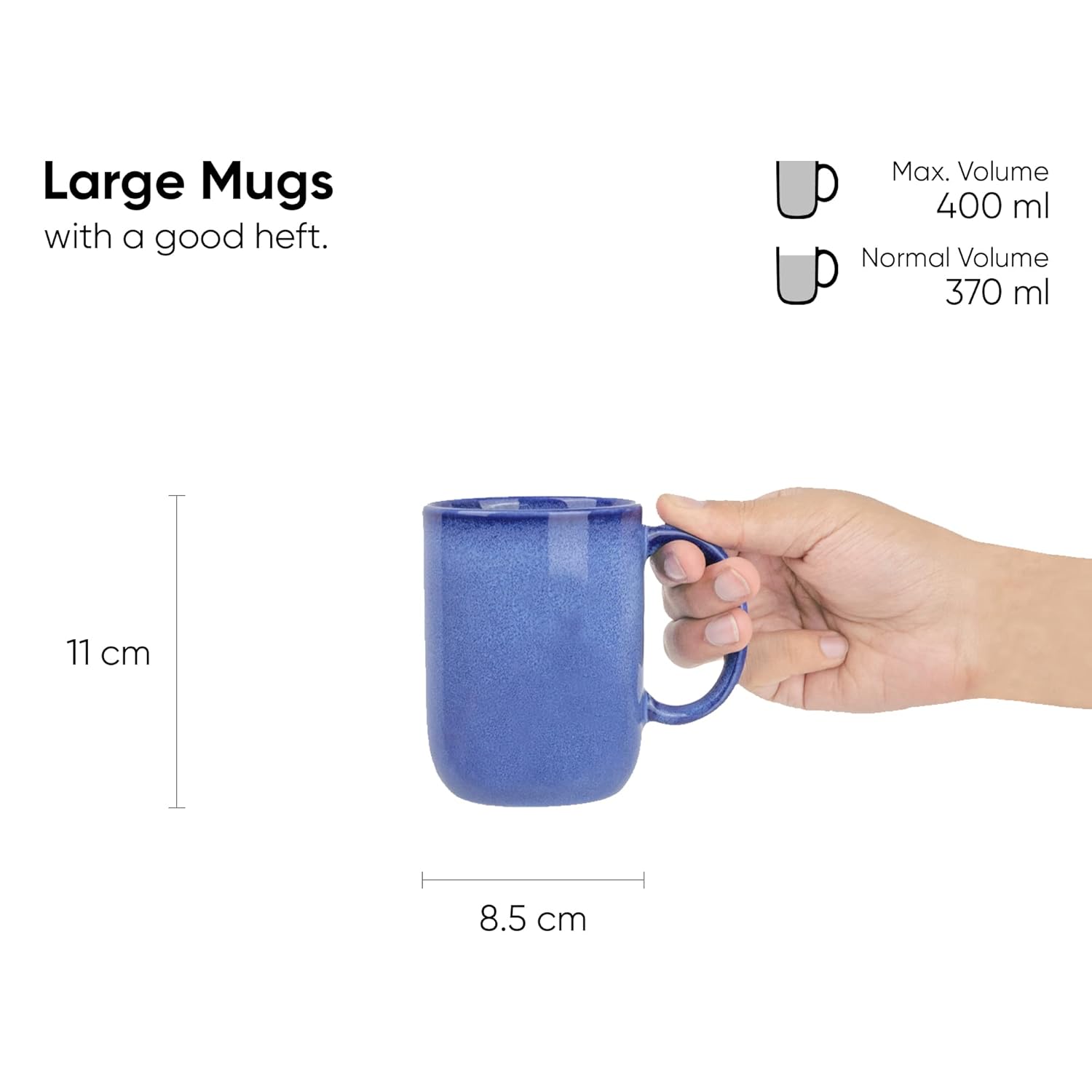 Large Ceramic Coffee Mug Set Of 2 - Blue Reactive, 400ml Each | Ceramic Tall Curvy Mug With Glossy Finish - Stoneware Mug For Coffee | Ceramic Coffee Mug - Microwave Safe & Dishwasher Safe