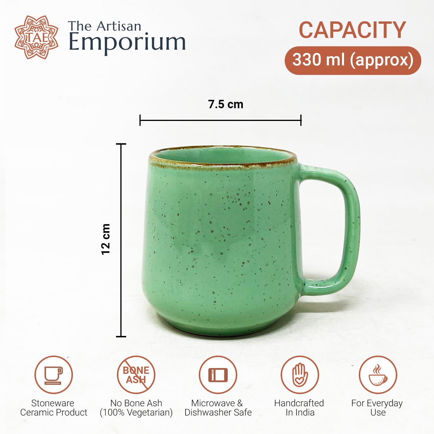 Ocean Green Ceramic Coffee Mug Set Of 2 Pieces - 330ml Each | Ceramic Mugs For Coffee, Tea, Milk - Microwave Safe & Leak Proof