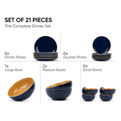 Ceramic Dinner Set Of 21 Pcs, Midnight Blue | Crockery Set - Dining Sets Crockery Items | 6 Dinner Plates+ 6 Quarter Plates+ 6 Veg Bowls, 180ml Each+ 2 Medium Bowls, 1000ml Each+ 1 Large Bowl, 1500ml