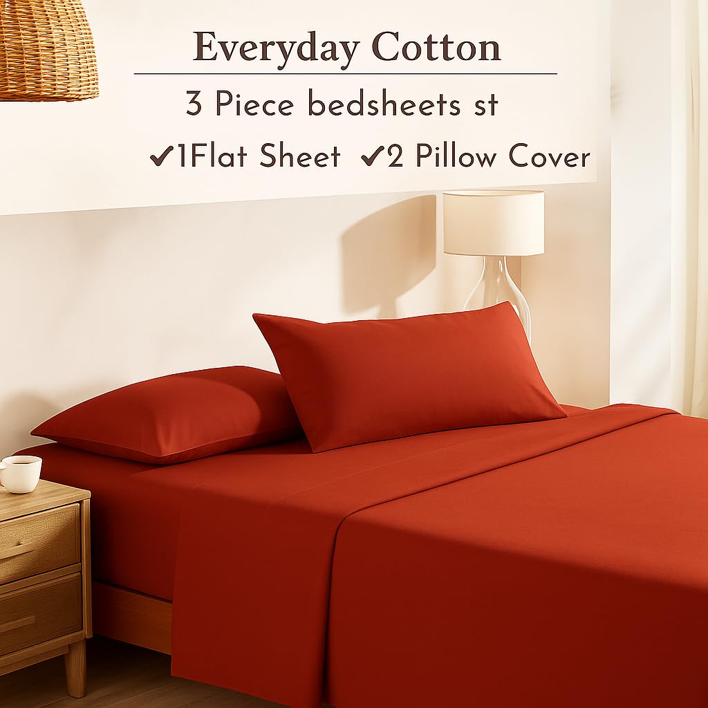 100% Pure Cotton Double Bed Bedsheet With 2 Pillow Covers - Size 90 X 100 Inches, Red | Lightweight, Soft & Breathable Durable & Long-Lasting Bedsheet