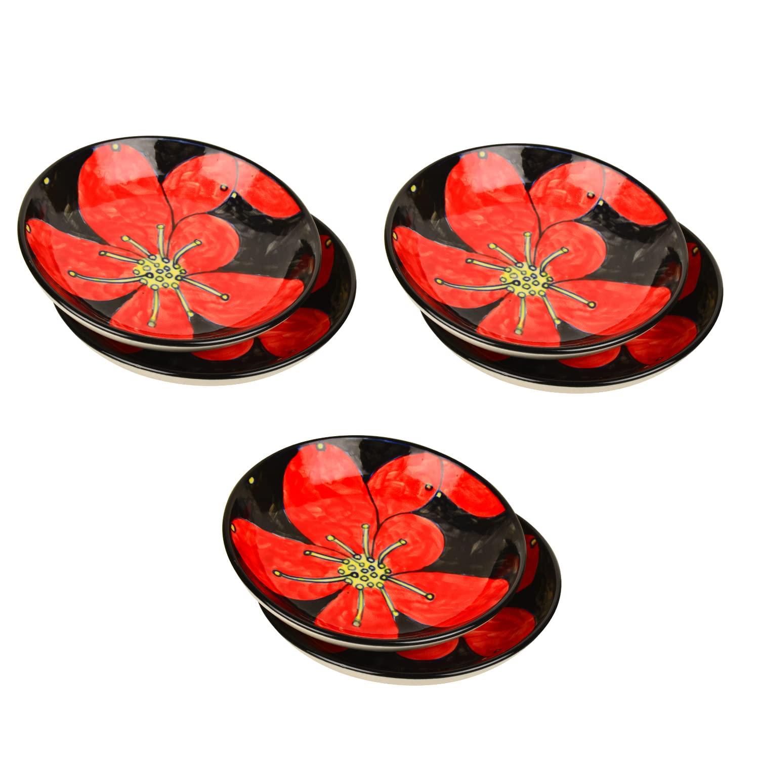 Hand Painted Ceramic Floral Round Pasta Serving Plates Set Of 6 - 8.5 Inches, Red & Black | Soup Plates - Ceramic Maggi Plates