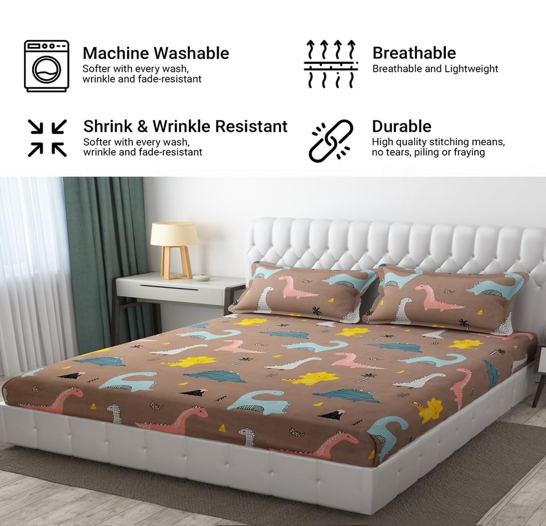 Wrinkle Free Soft Kids Double Bedsheets For King Size With 2 Pillow Cover | 90 X 95 Inches, Rosy Brown | Cartoon Printed Design | Child Bedroom Decor