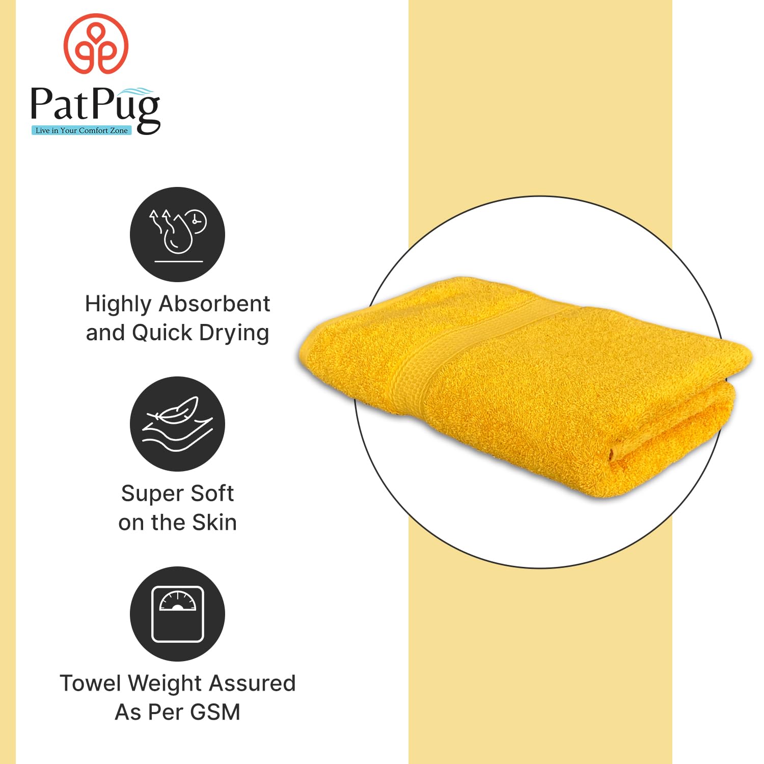 Patpug 100% Indian Ultra Soft Cotton 500 Gsm Highly Absorbent, Fade Resistant, Quick Drying Large Bath Towel (Sunrise Yellow)