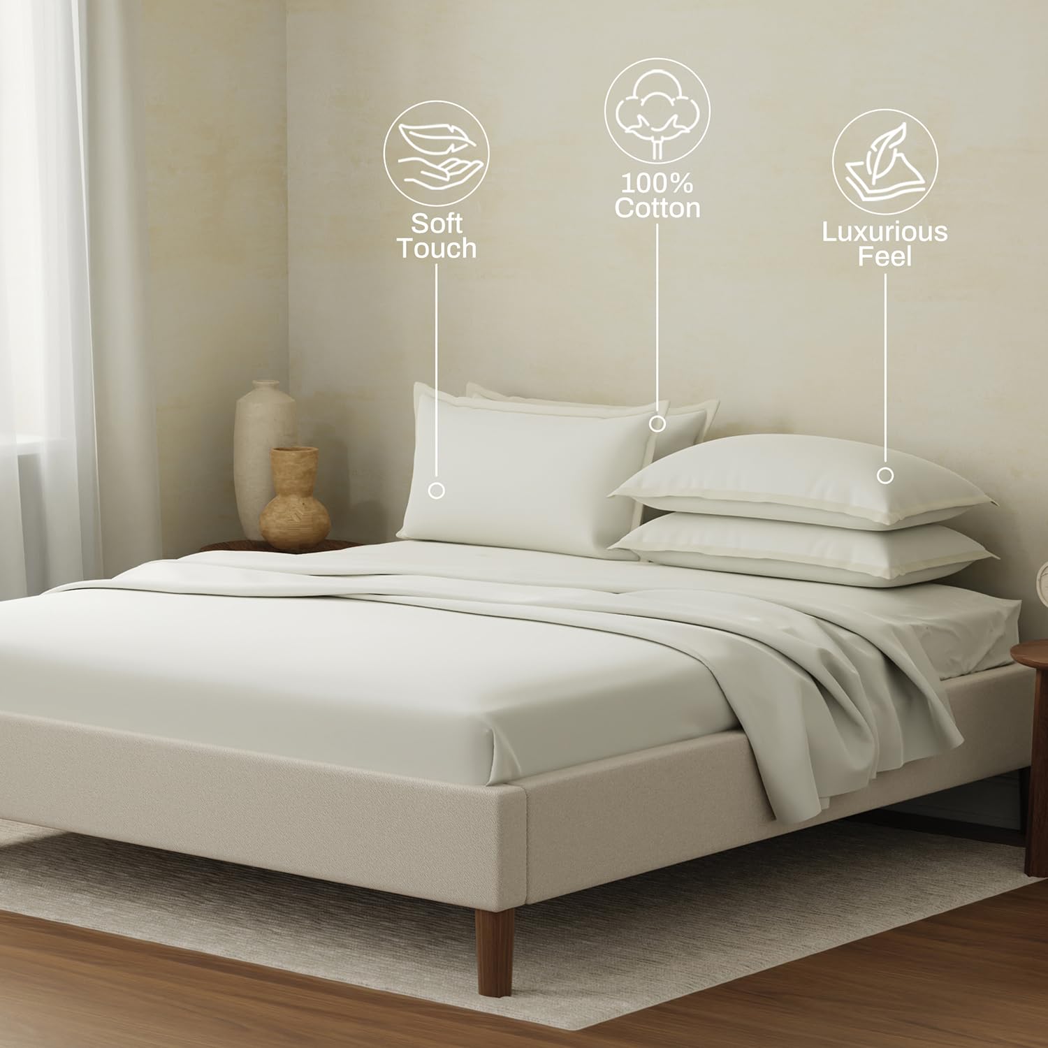 100% Cotton Plain Bedsheet Set With 4 Pillow Covers - 108 X 108 Inches, White | 400 Thread Count - Gift For Weddings Or Anniversary King Size Bedsheet