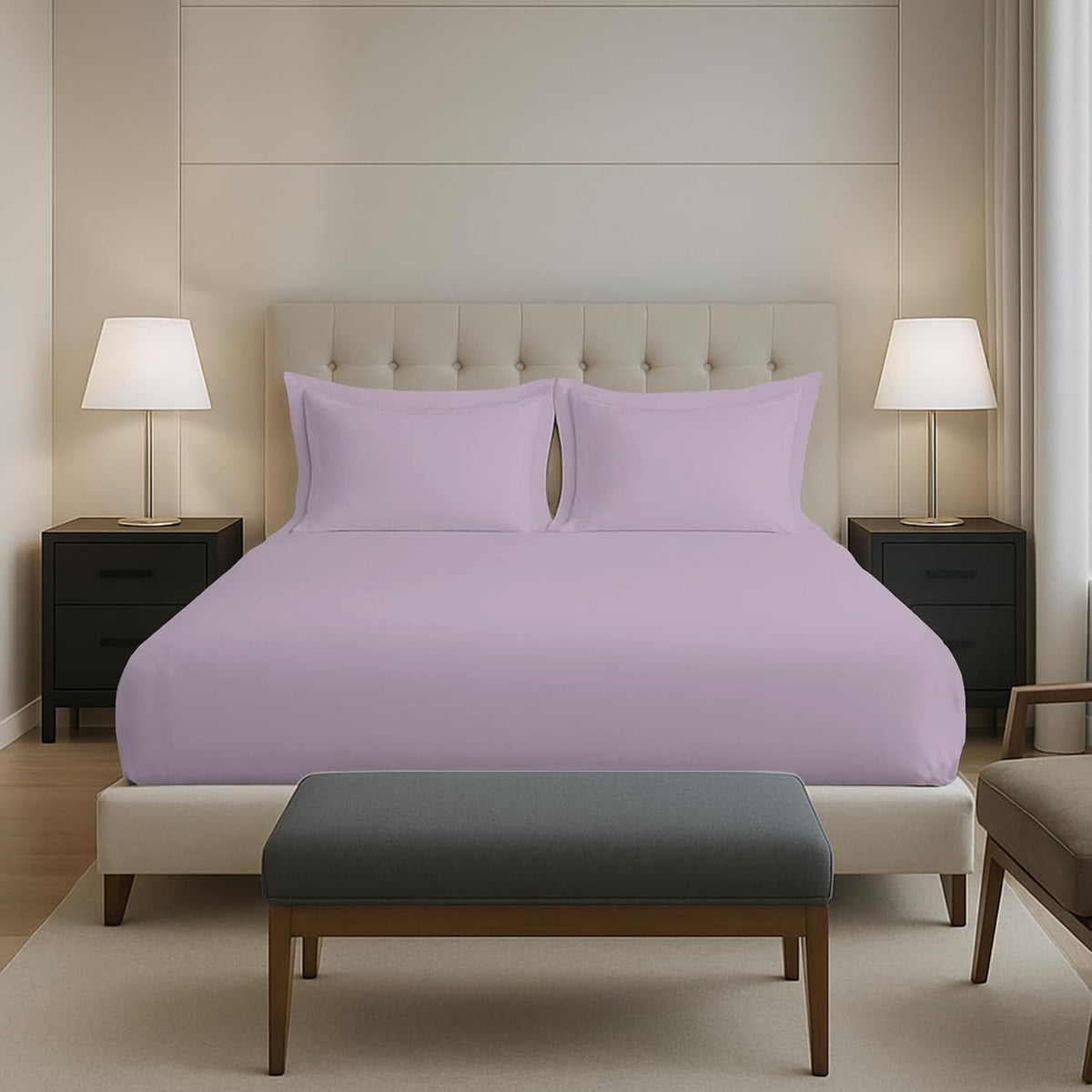 Plain Cotton Elastic Fitted Bedsheets Queen Size Two Pillow Cover - 63 X 78 Inches, Lavender | Breathable & Smooth Bedding Wrinkles | Elegant Hotel Like Look