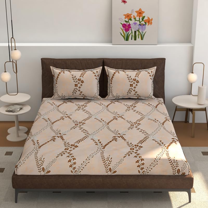 Printed Double Bedsheet With 2 Pillow Covers - 96 X 89 Inches, Peach & Brown | Ideal For Daily Use, Bedroom Decor & Gifting | Resistant All-Season Bedsheet