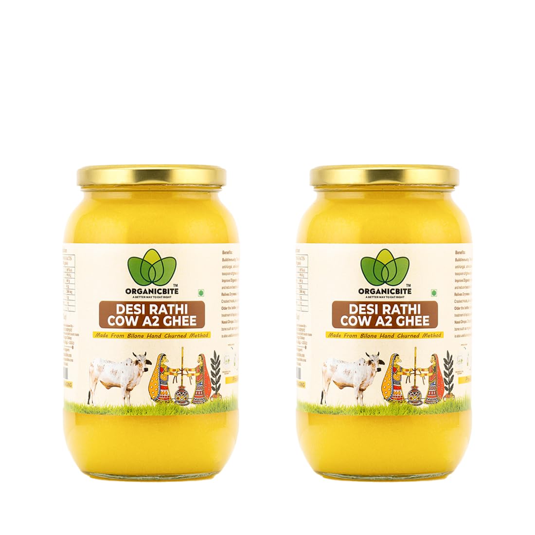 Natural Desi Rathi A2 Cow Ghee By Organicbite | High In Protein Fiber Healthy Desi Ghee Good For Overall Health | 2 Litre (1 Litr * 2) 67.6 Ounce | Jar Pack